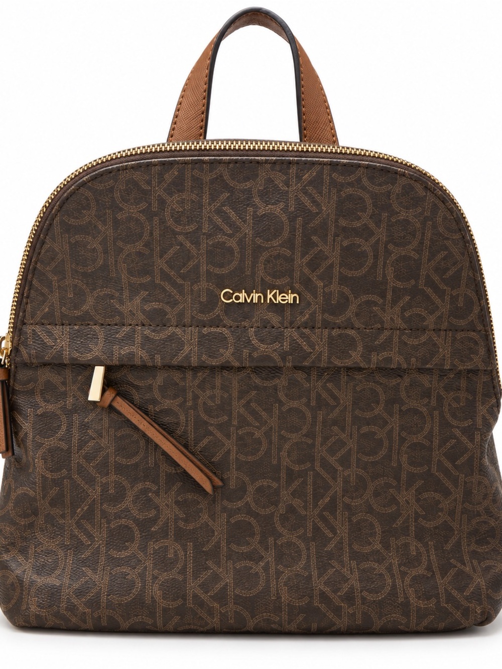 Calvin Klein Brown CK Monogram Backpack Purse Tan Straps Gold Tone Hardware
